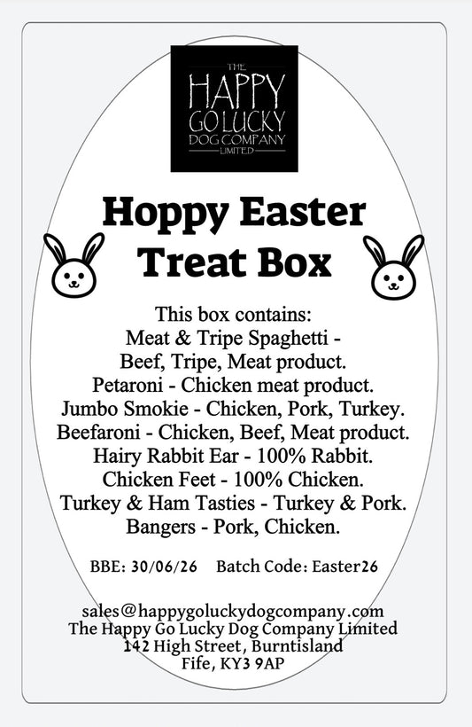 List of air dried meat treats inside the Hoppy Easter treat box