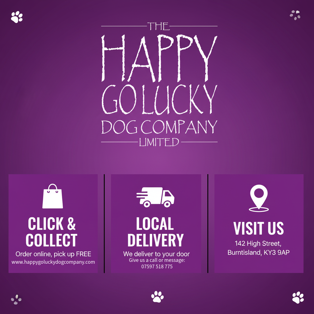 Purple poster showing how to buy from the happy go lucky dog company online in person and local delivery 