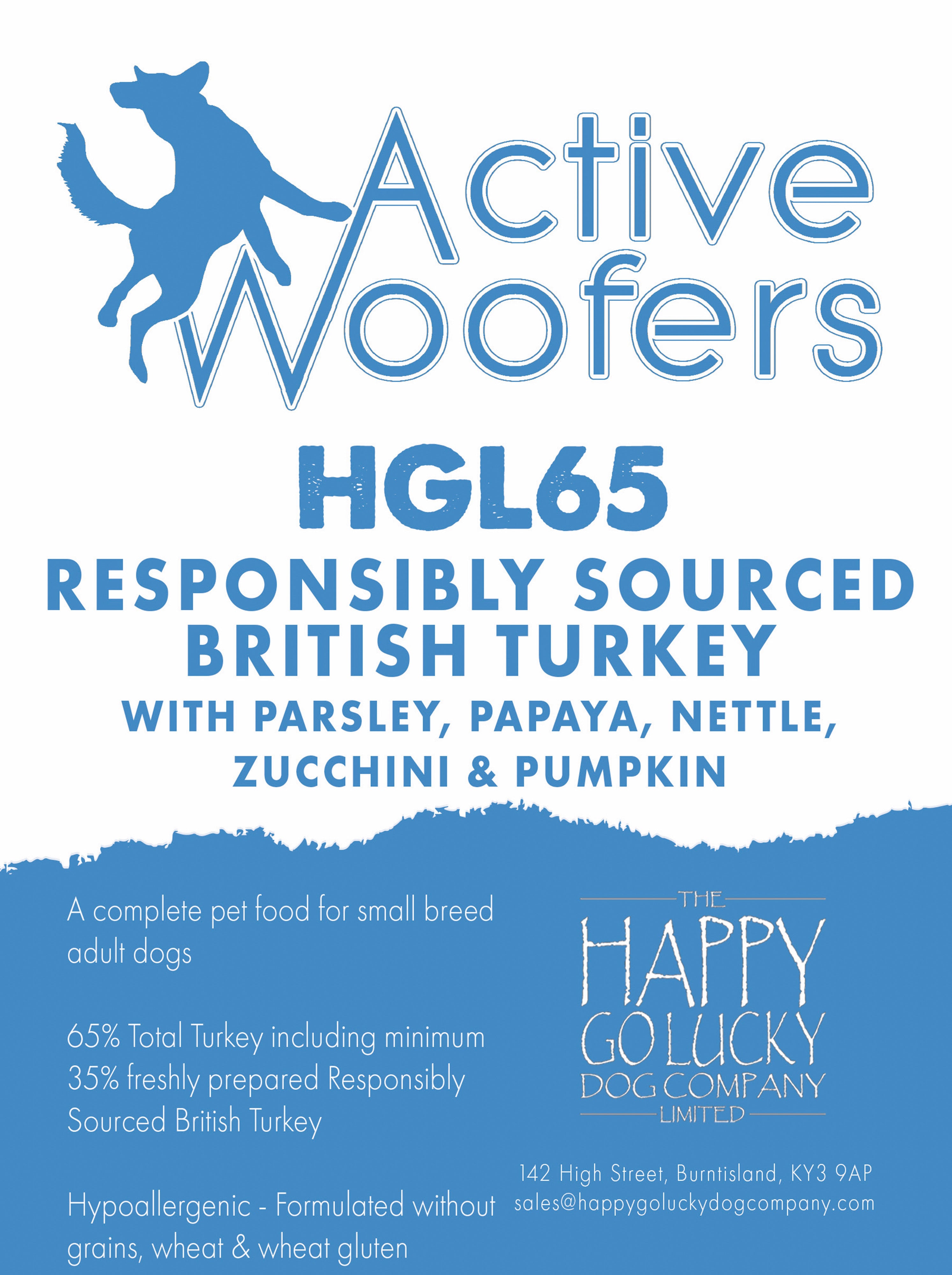 Active Woofers Small Breed Turkey & Pork Adult Dog Food packaging with text about responsibly sourced British turkey for small breed dogs.