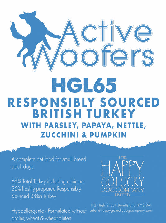 Active Woofers Small Breed Turkey & Pork Adult Dog Food packaging with text about responsibly sourced British turkey for small breed dogs.