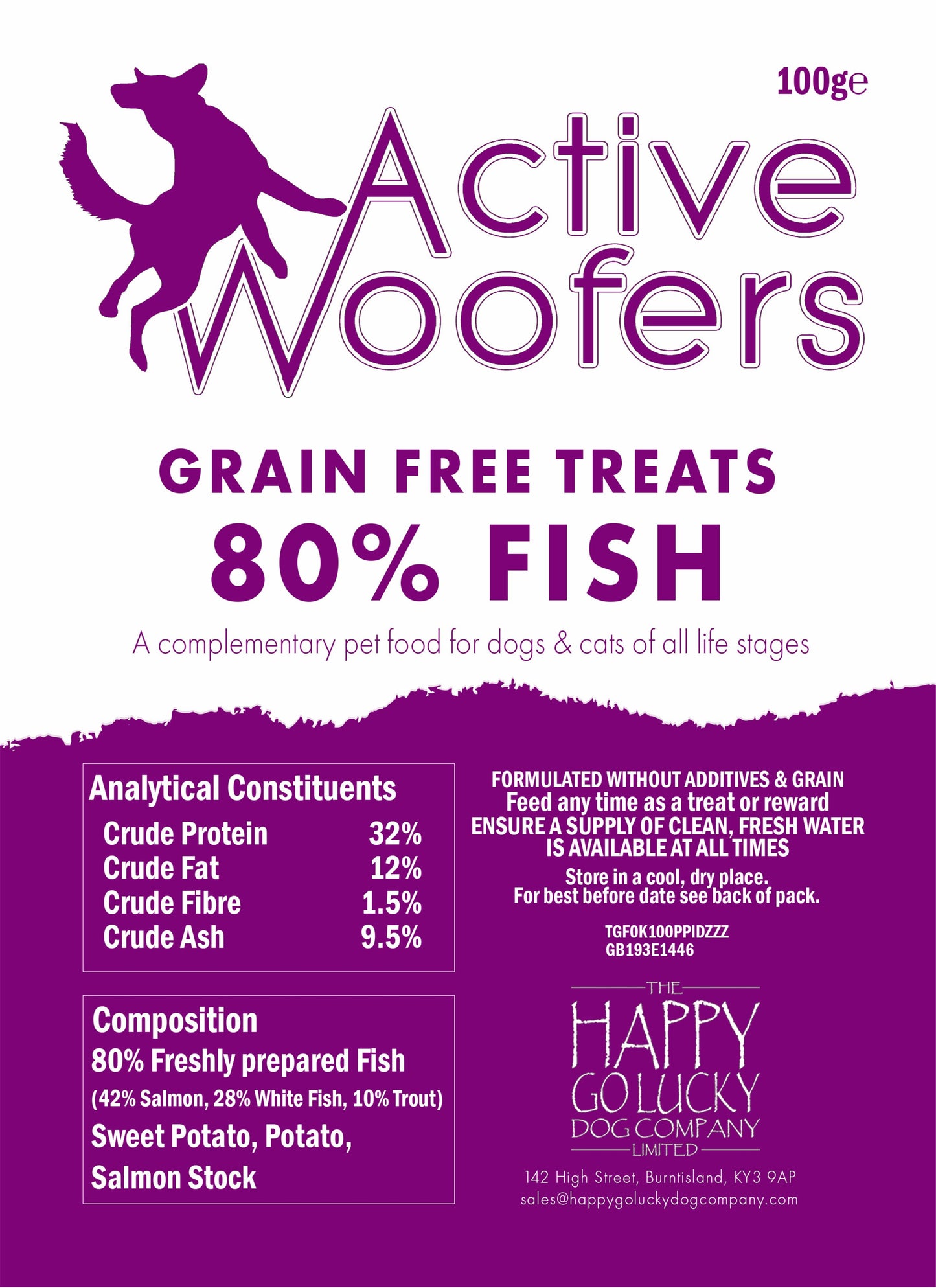 Active Woofers grain-free treats packaging with purple and white design