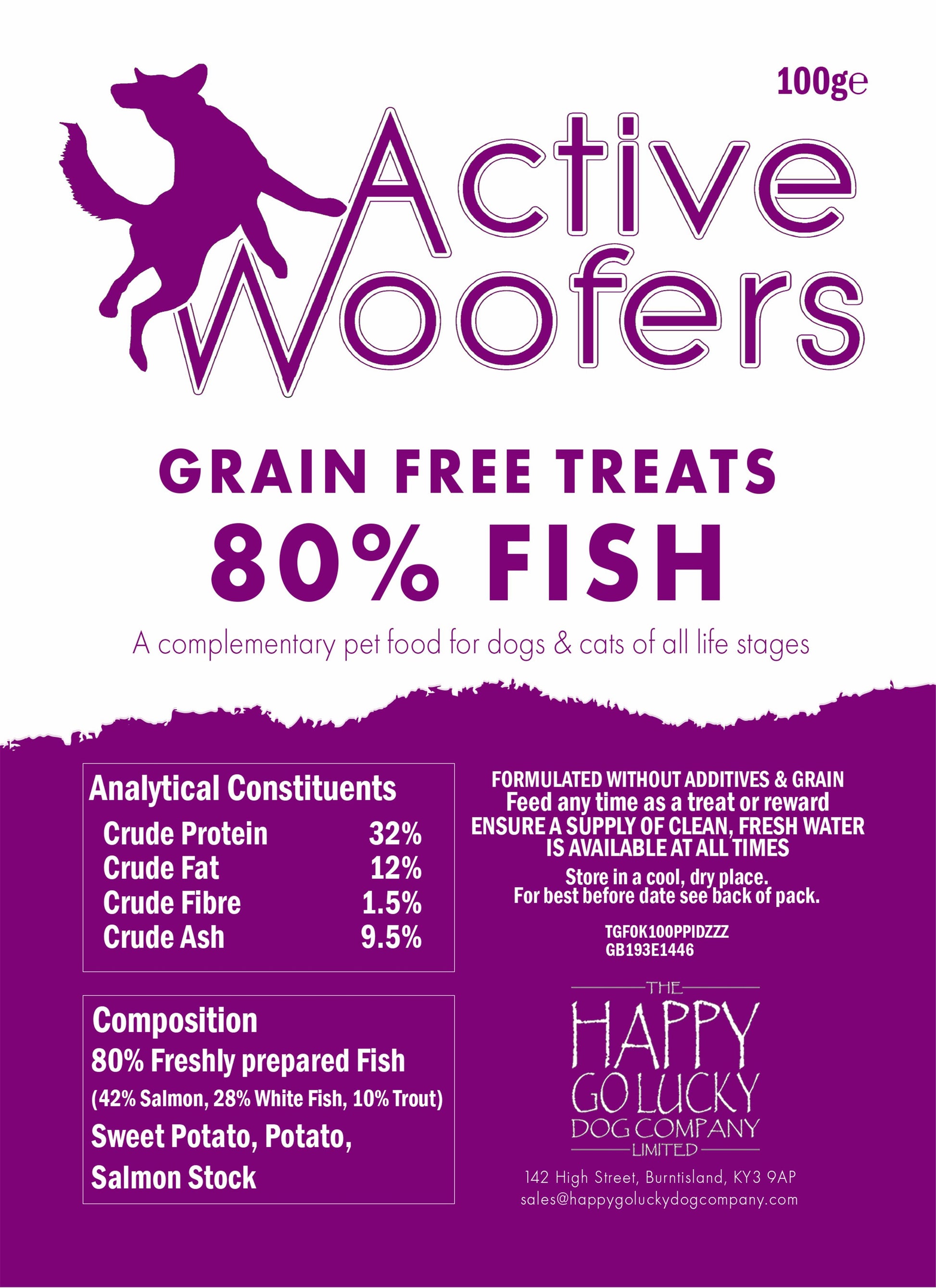 Active Woofers grain-free treats packaging with purple and white design