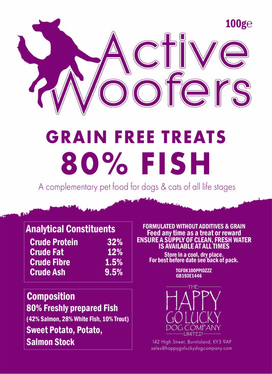 Active Woofers grain-free treats packaging with purple and white design