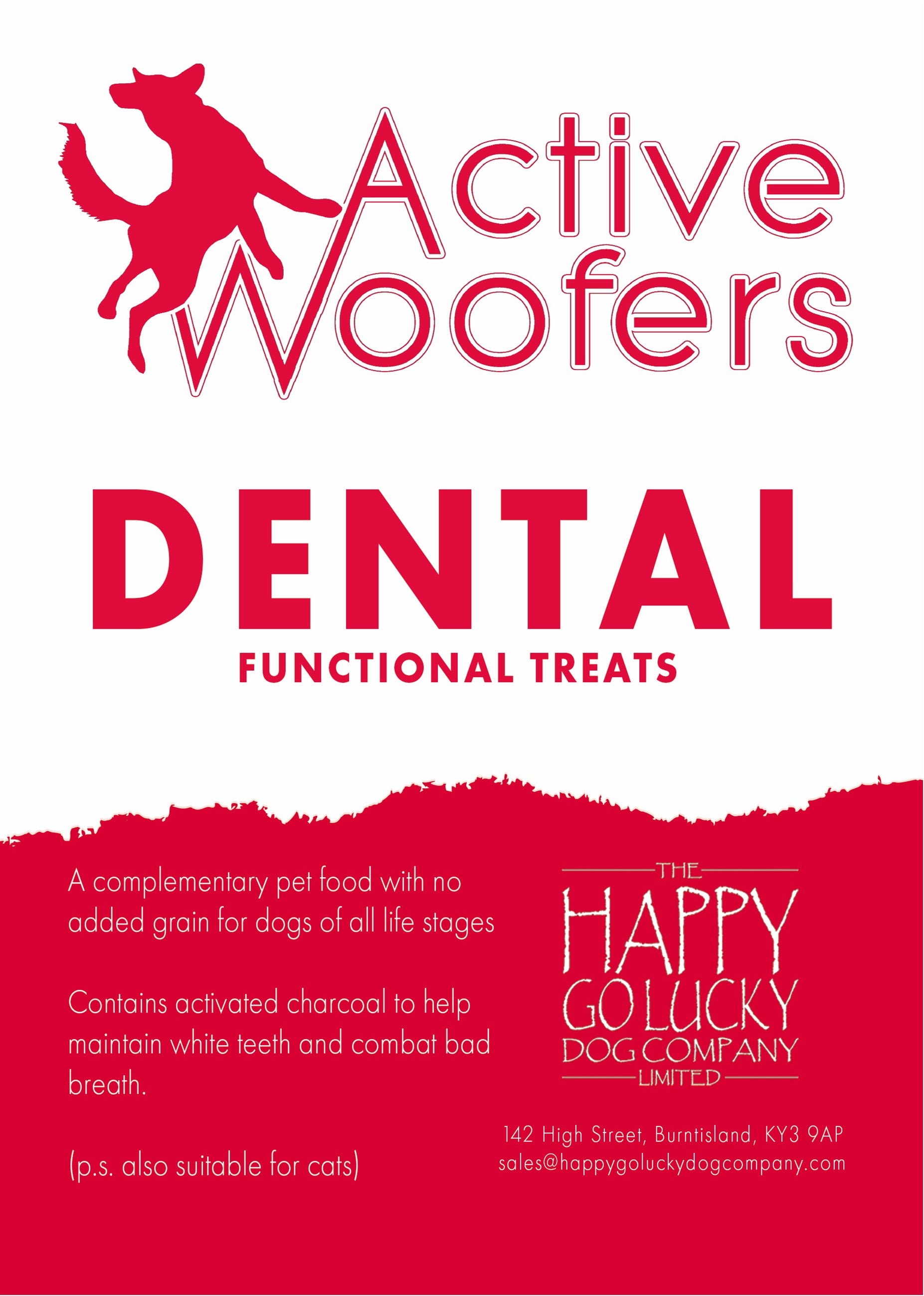 Active Woofers Dental Functional Treats packaging with red text and dog silhouette on a white background.