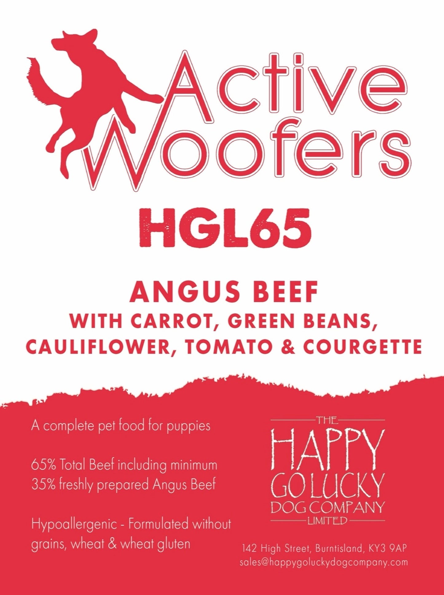 Active Woofers pet food packaging with text and branding details.