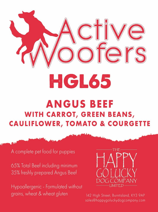 Active Woofers pet food packaging with text and branding details.