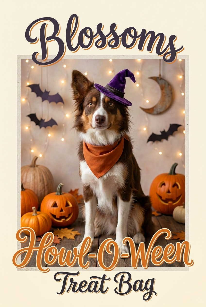 Promotional graphic for the Blossoms Howl-O-Ween Treat Bag, featuring a dog dressed in a purple witch hat and orange bandana surrounded by pumpkins and autumn decorations.