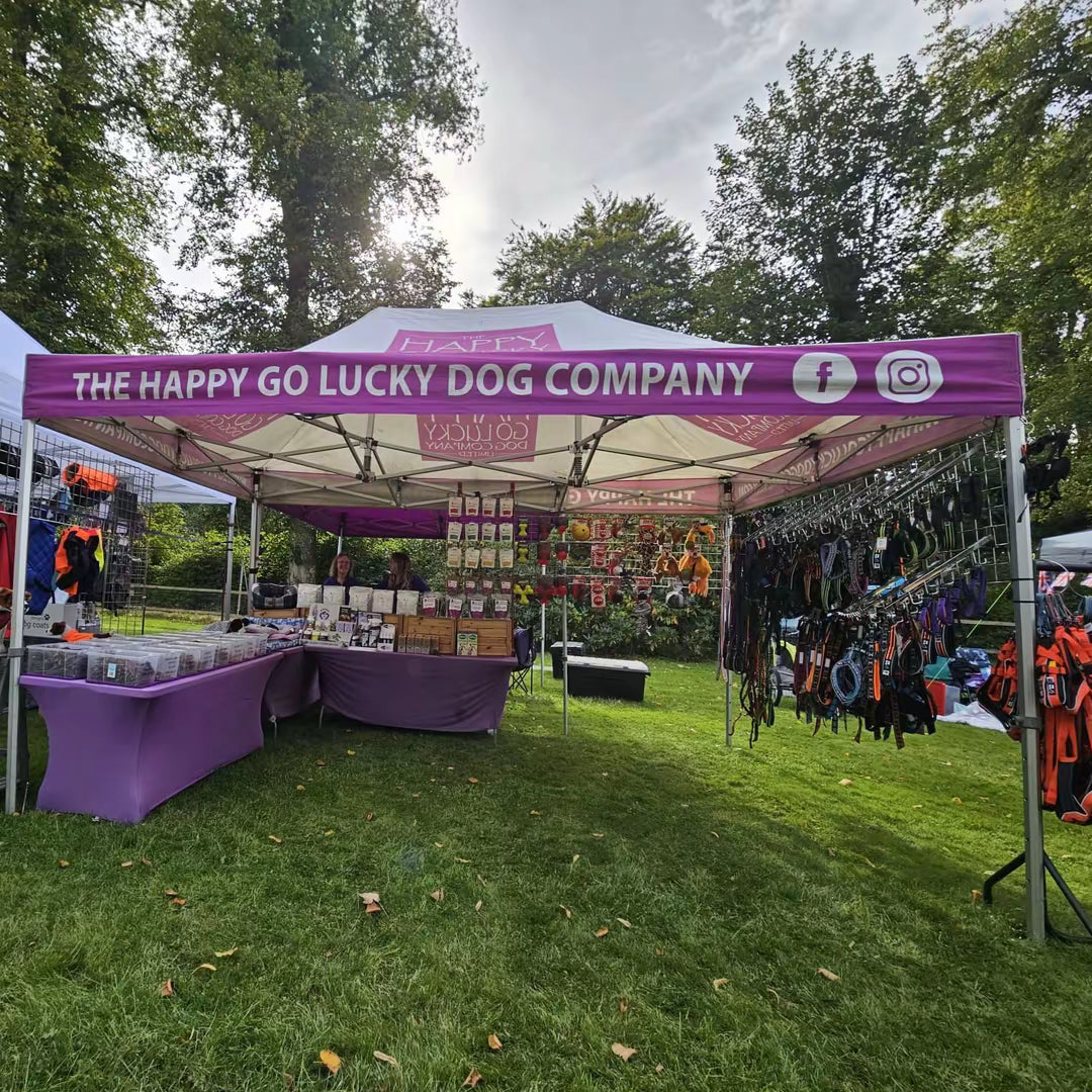 Outdoor event with 'The Happy Go Lucky Dog Company' tent displaying pet products.