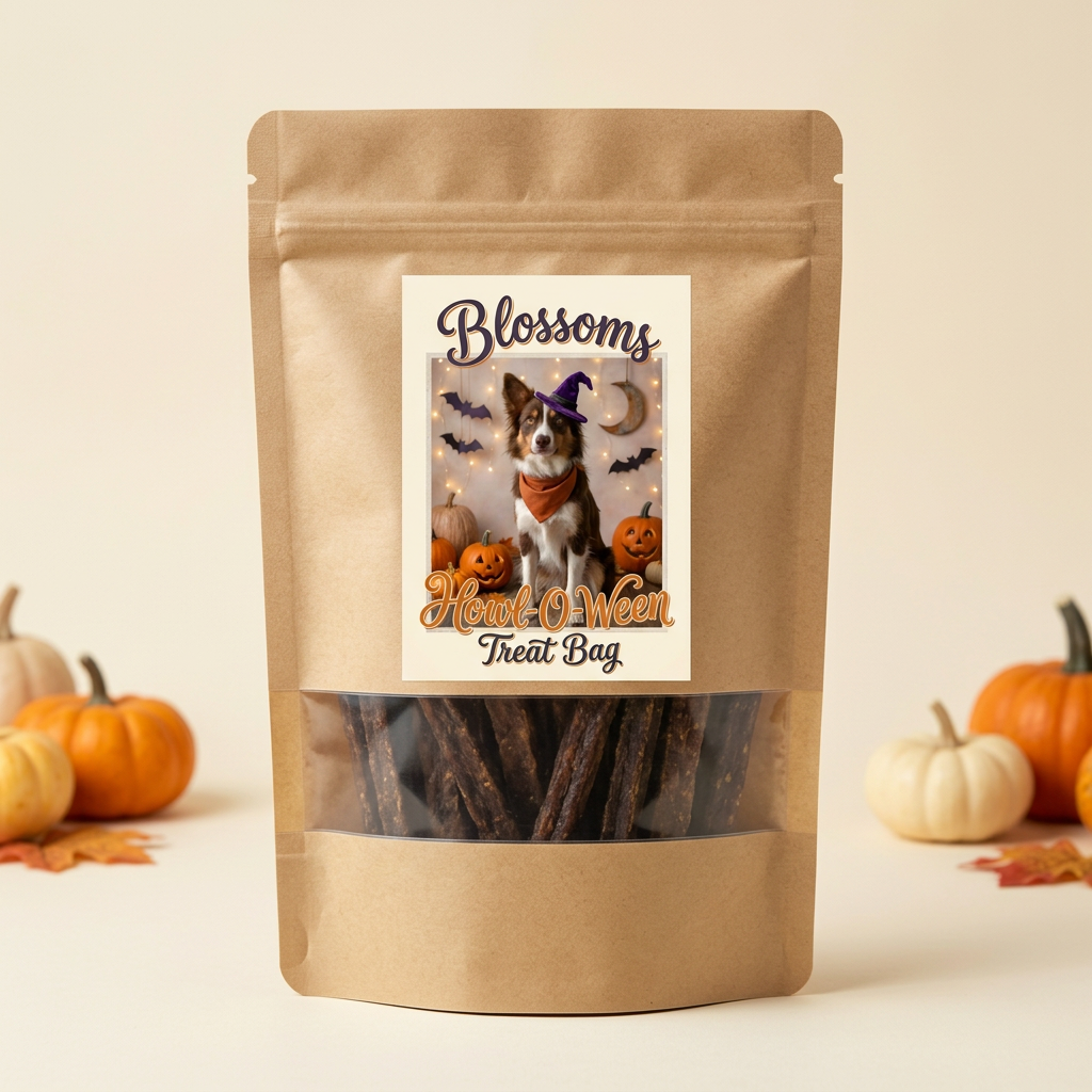 Blossoms Howl-O-Ween dog treat pouch on a cream background
